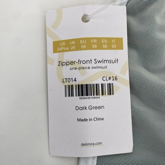 Delimira Plus Size 24 Dark Green Zipper Front One Piece Swimsuit NWT - Picture 3 of 10
